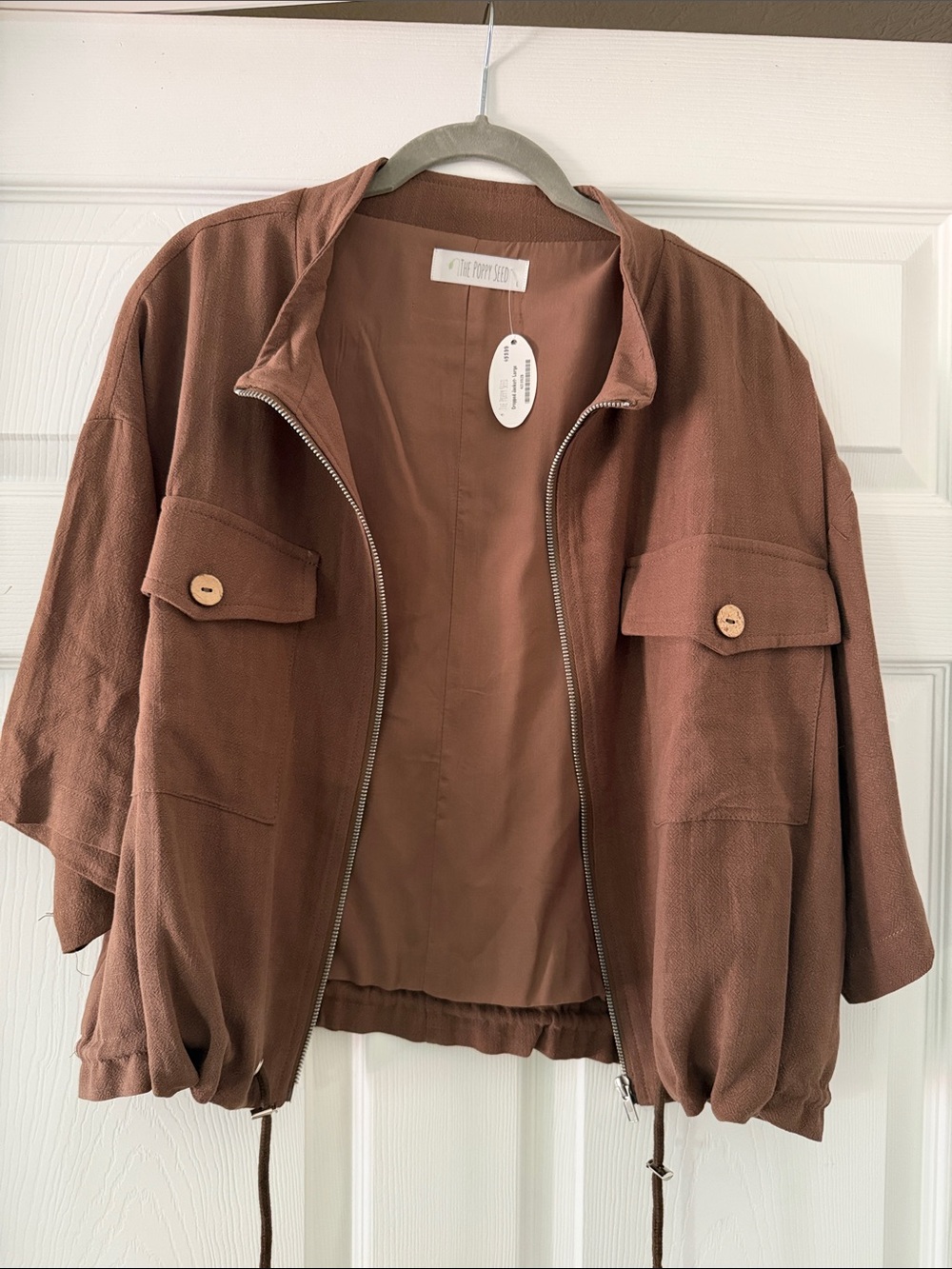 Relaxed Brown Utility Zip Jacket with Button Flap Pockets